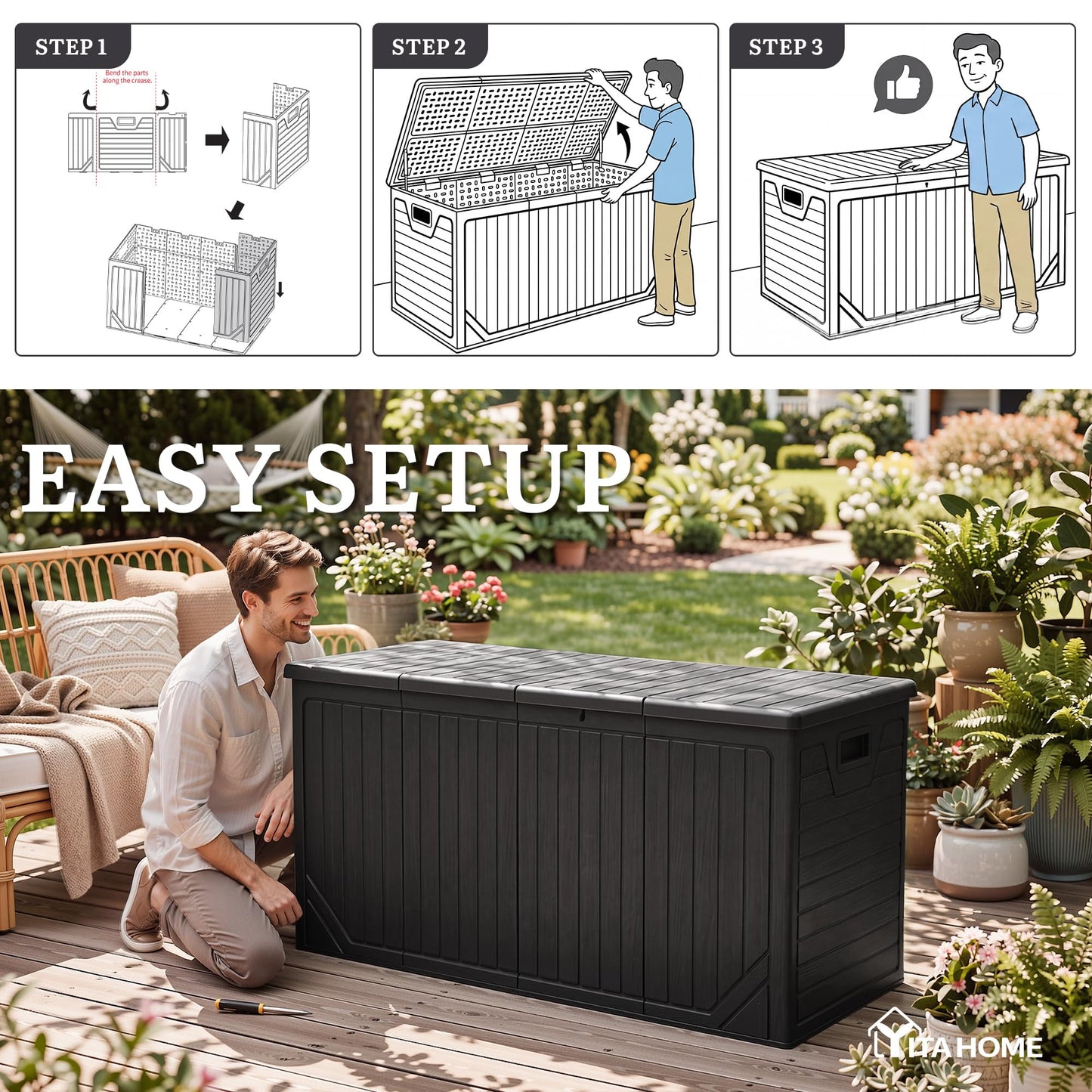 YITAHOME XXL 300 Gallon Extra Large Outdoor Deck Box, Lockable Resin Double-Wall Storage Box and Waterproof Patio Furniture Bin for Garden Tools & Pool Accessories, Black