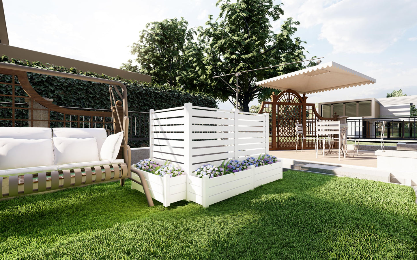 Qikdesign No-Dig Air Conditioner Fence 36""W X 45""H White Vinyl Privacy Fence with Planter Box for Trash Can Pool Equipment (2 Panels), VPFS3645-ND