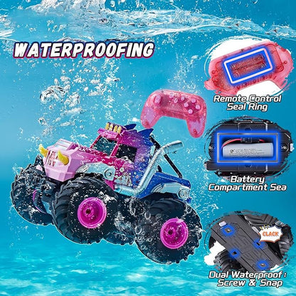 Remote Control Car for Girls Waterproof Pink Monster Truck Toys W/Blocks &amp 360°Spin 1:18 Amphibious RC Cars 4WD All-Terrain Off-Road RC Trucks Birthday Gifts Pool Toys for Kids Age 3-12