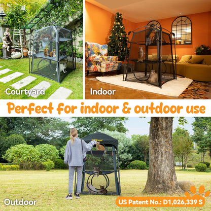 Automatic Pop-Up Cat Enclosure|3-Tier Cat Tent|Cage|Outdoor Catio with Patent,Breathable Portable & Foldable, Stable Structure for Indoor/Outdoor, Free Teaser Wand,Friendly Connectable playpen-Black