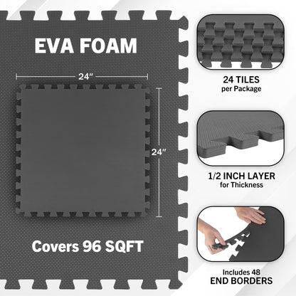 EVA Foam Mat Tiles 24-Pack - 96 SQ FT of Interlocking Padding for Garage, Playroom, or Gym Flooring - Exercise Mat or Baby Playmat by Stalwart (Gray)