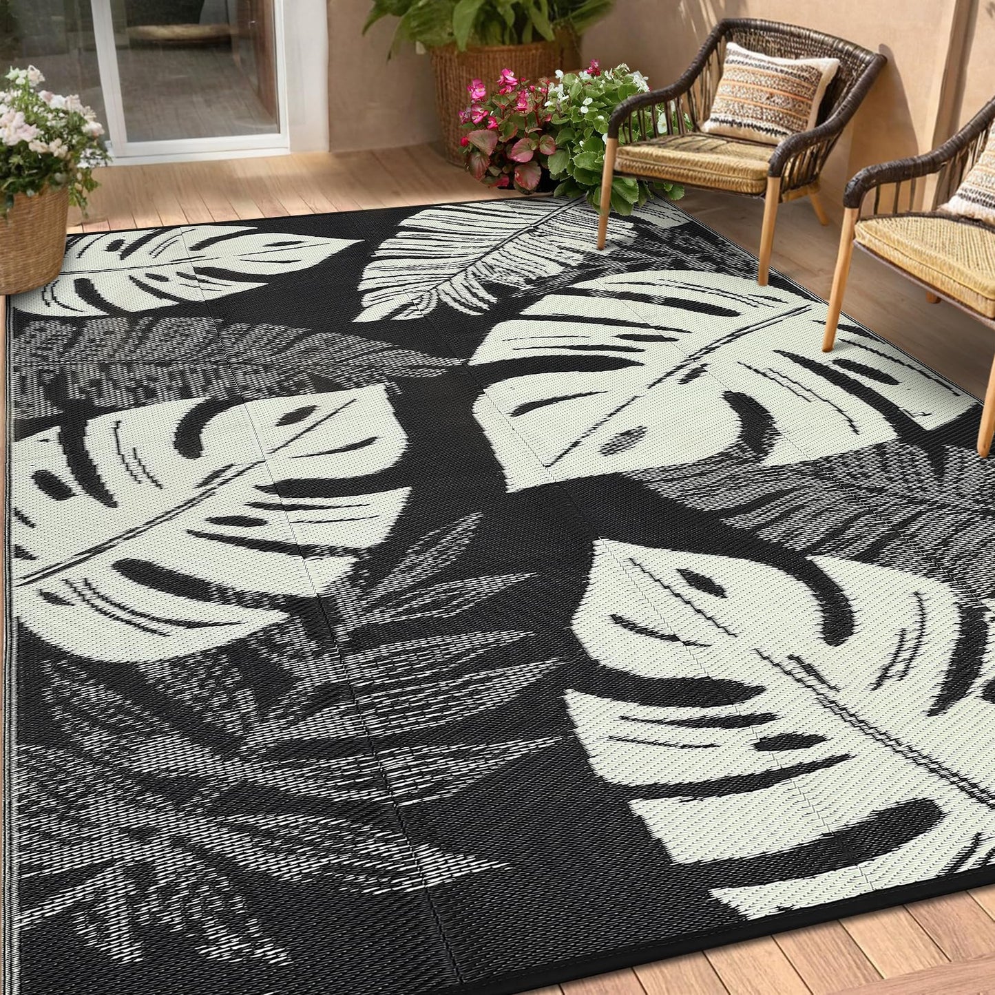 MilleLoom Waterproof Plastic Straw Outdoor Rug 9x18 Patio Reversible UV Resistant Foldable Camping Carpet Modern Leaf Print Large Outdoor Rugs for Deck, Porch, Camper, Balcony, Beach，Black/Beige