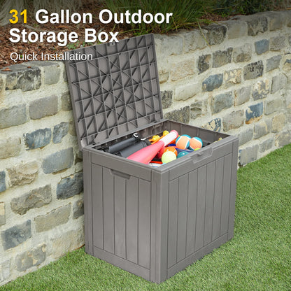 EAST OAK Deck Box, 31 Gallon Indoor and Outdoor Storage Box with Padlock for Patio Cushions & Keter Marvel Plus 71 Gallon Resin Outdoor Box for Patio Furniture Cushion Storage, Brown