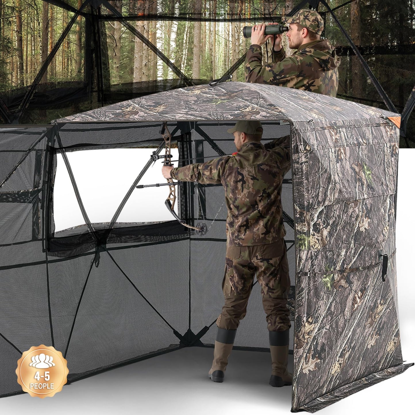 VEVOR Hunting Blind，See Through Ground Blinds with Carrying Bag, 360 Degree Portable Camouflage Tent，Durable Concealed Shelter with Silent Side Door and Window, for Turkey and Deer (4-5 Person)
