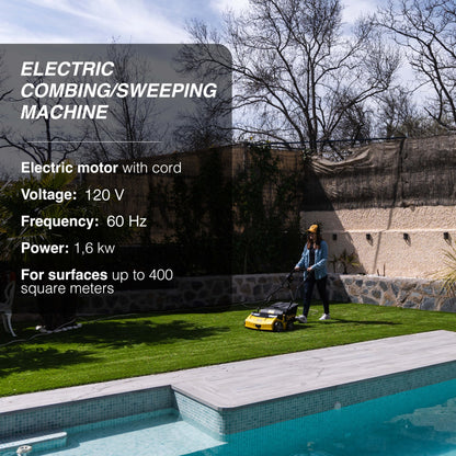 Artificial Turf Sweeper by Roll & Comb, Corded Electric Turf Comb for Synthetic Grass, 16" Working Width, 40L Leaf Collector, 1,600W Motor, Model 502e, 39.5lb