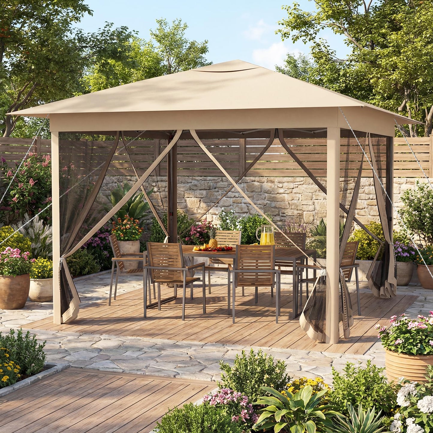 Happygrill 11.5 X 11.5 FT Pop-up Canopy Tent, One-Person Easy Setup Outdoor Screen Gazebo w/Mesh Netting, Vented Top, 4 Doors, Carry Bag, Portable Heavy-Duty Sun Shelter for Party Picnic (Beige)