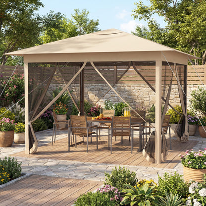 Happygrill 11.5 X 11.5 FT Pop-up Canopy Tent, One-Person Easy Setup Outdoor Screen Gazebo w/Mesh Netting, Vented Top, 4 Doors, Carry Bag, Portable Heavy-Duty Sun Shelter for Party Picnic (Beige)