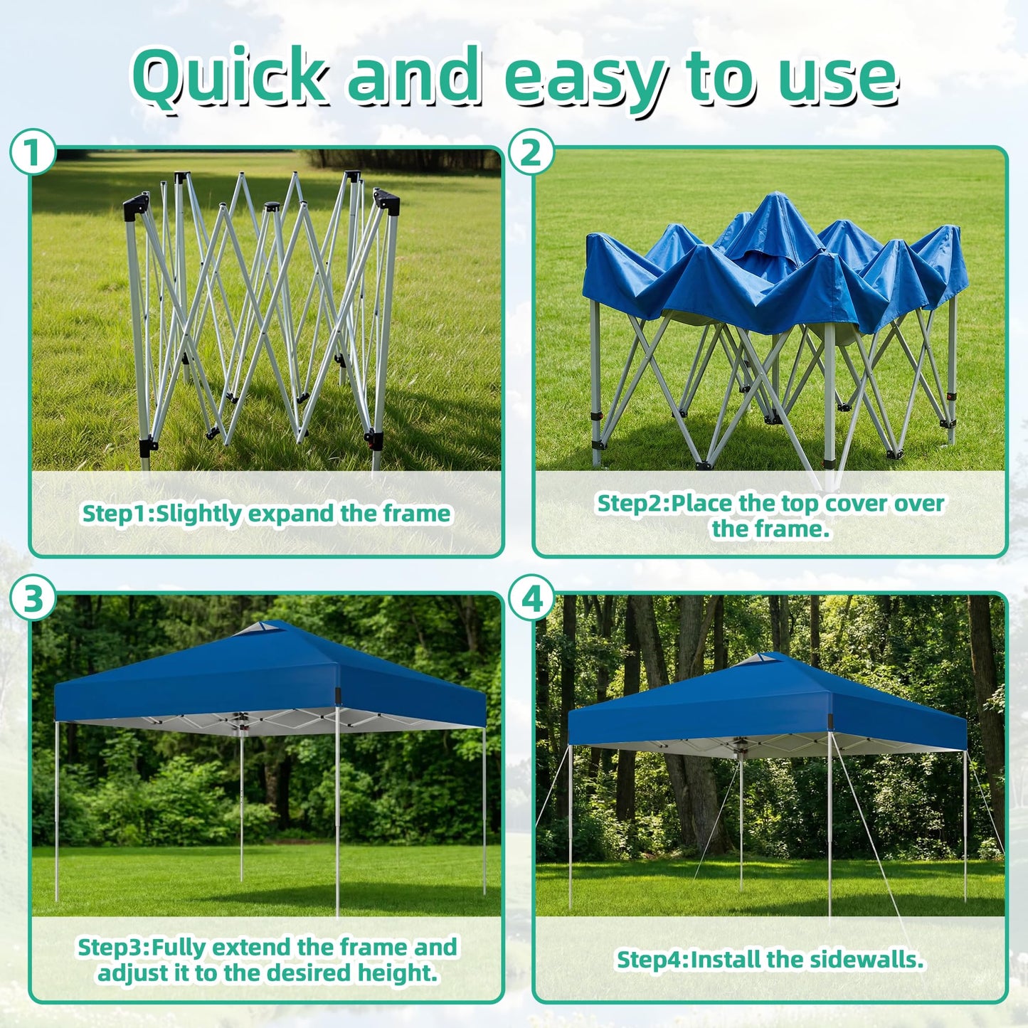 10 x 10FT Blue Pop Up Canopy Tent, Easy Setup Outdoor Portable Gazebos Shelter Sun Shade with Wheeled Carry Bag, Sandbags for Events, Party, BBQ, Backyard, Adjustable Height