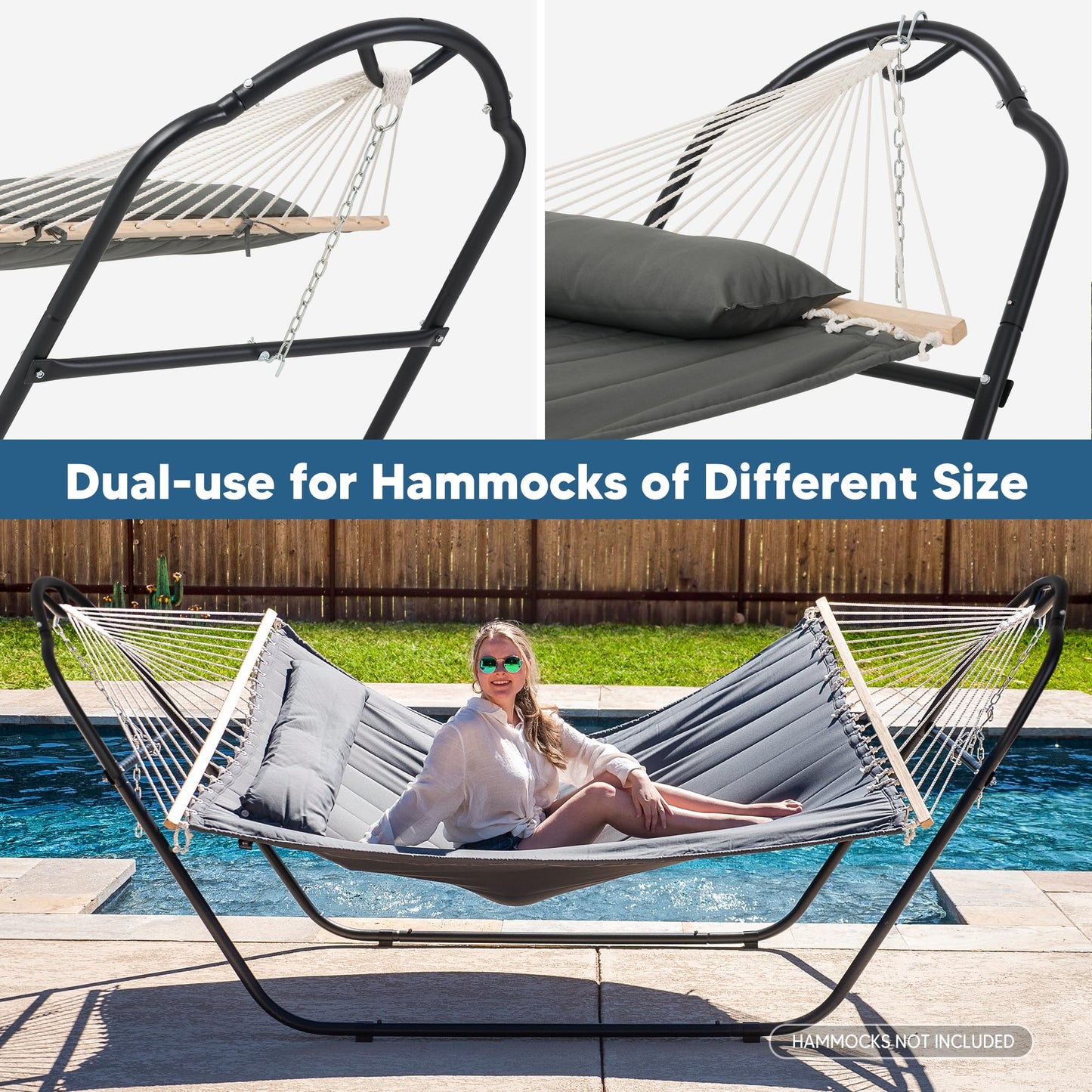 SUNCREAT Universal Steel Hammock Stand Only, Heavy Duty Hammock Stand, Fits 2 Person Hammock 9 to 14 Feet Long, 475-Pound Capacity, Patent Pending, Black