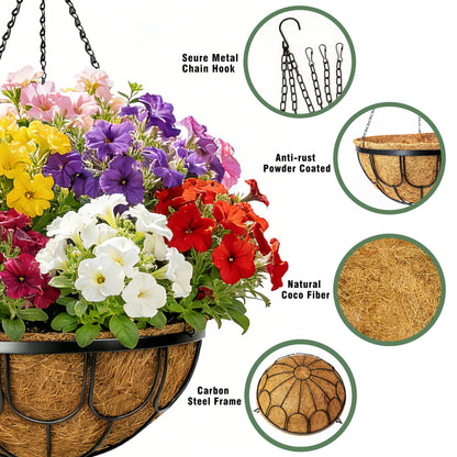 MUYEZHIYU 4 Pack 14 Inch Hanging Planters for Outdoor Plants, Black Metal Wire Hanging Flower Baskets with Coco Coir Liner, Large Hanging Plant Pots for Garden, Patio, Balcony, Indoor Home Decor