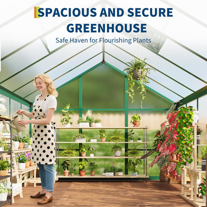 GarveeHome 6X8 FT Greenhouse for Outdoors, Large Walk-in Polycarbonate Greenhouse Kit, Aluminum Frame, Lockable Door, Roof Vent, Ground Spikes, for Garden, Patio, Backyard, Outdoor Plant Growth