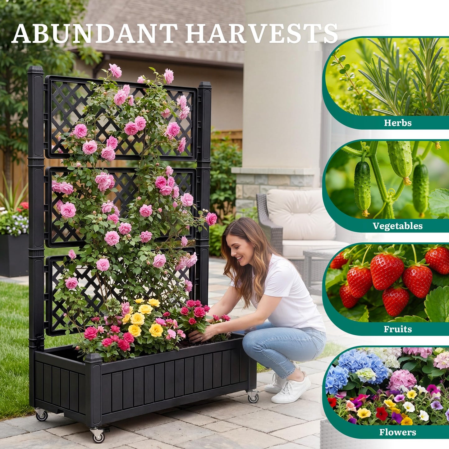 YITAHOME 42.5x14.2x61 in Planter Box with Trellis, All-Weather Raised Garden Bed with Wheels & Drain Plug, Outdoor Privacy Screen for Climbing Plants Flowers Herbs, Black