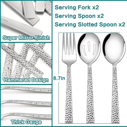 E-far Hammered Serving Utensils Set - Stainless Steel 8.7 Inch Square Hostess Set | Dishwasher Safe & Mirror Finished