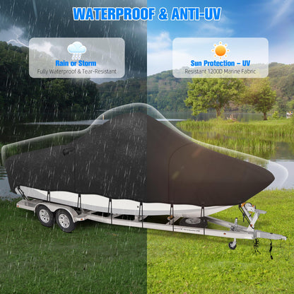 NOOKAT Center Console Boat Cover 20-22ft, 1200D Waterproof Boat Cover with Motor Cover, Trailerable Boat Cover for Center Console Boat, Heavy Duty Marine Grade UV Resistant Polyester Fabric, Black
