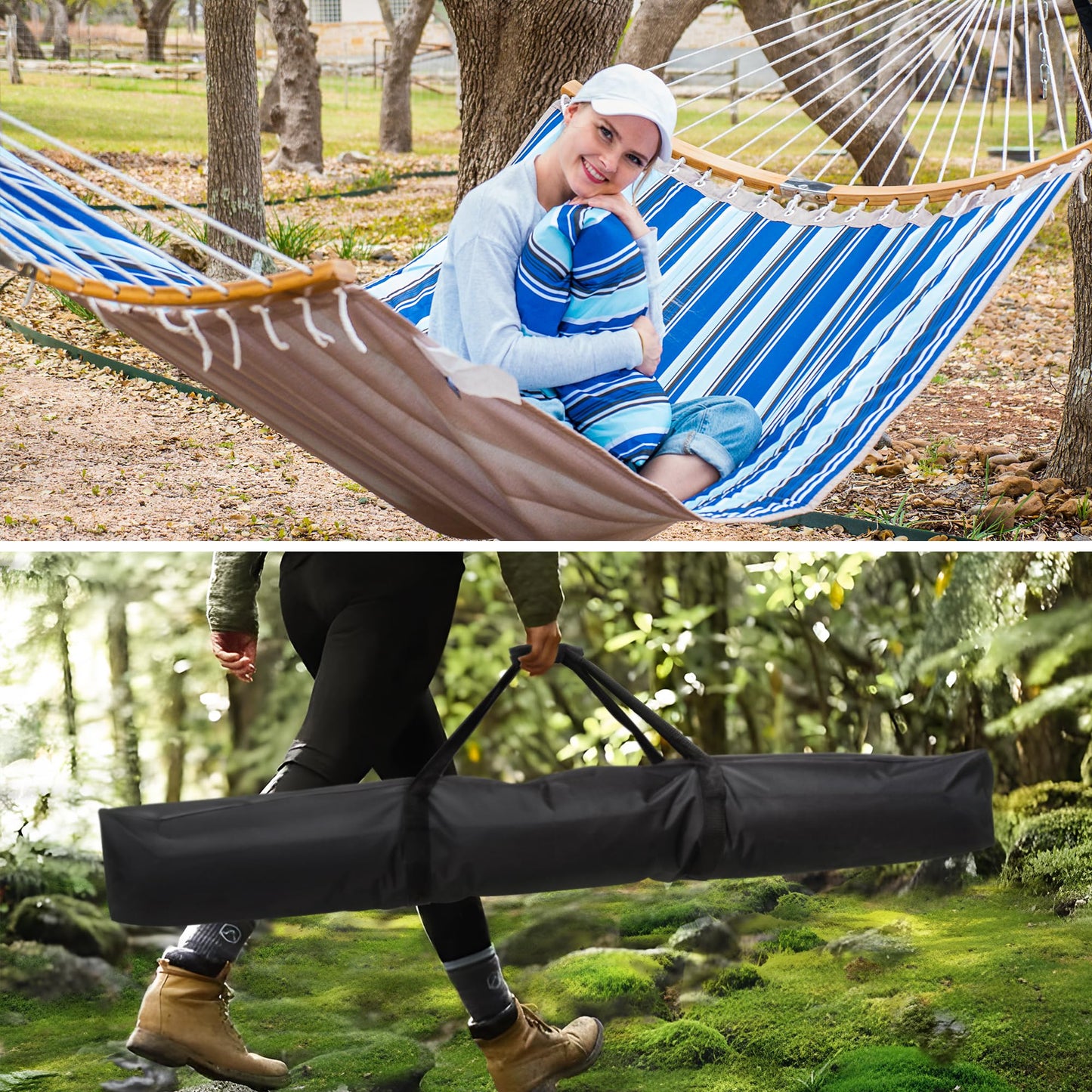 SUNCREAT 2 Person Outdoor Hammock with Curved Spreader Bar for Outdoor, Black Extra Large Hammock Bag Carrying Bag