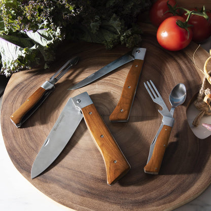 Messermeister Adventure Chef Summit Set, Carbonized Maple - Folding 6” Chef’s Knife, 6” Fillet Knife, Steak Knife, Fork & Spoon, Peeler & Parer, TPE Cutting Board + Waxed Canvas Case