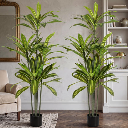 Giegxin 2 Pack 5 FT Artificial Dracaena Tree, Indoor Fake Tree with Black Stable Planter, Natural Wood Trunk & Lifelike Leaves Dracaena Plants for Home Living Room Porch Office Housewarming Gift