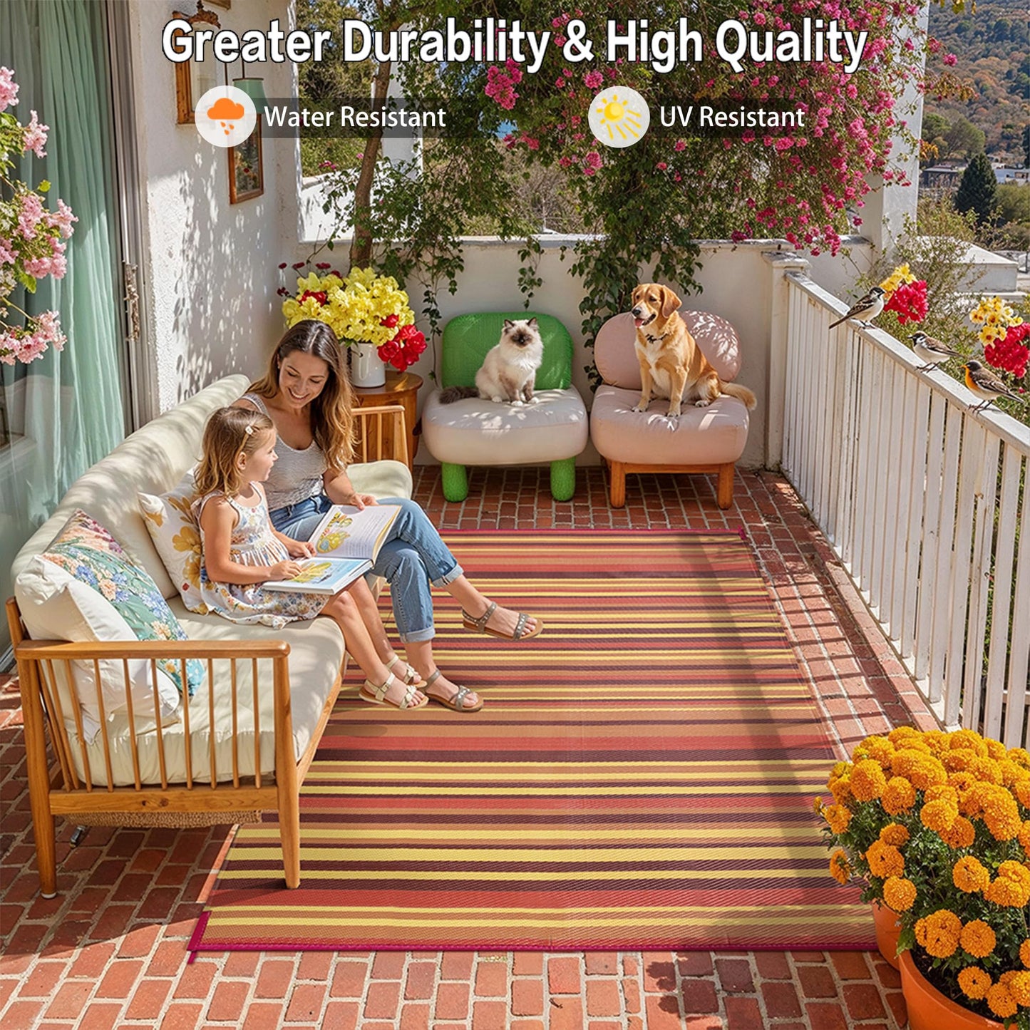 WondRg Outdoor Plastic Straw Rug Waterproof Patio 9x18 Red Orange Stripe Mat for Porch Camping RV Balcony Deck Courtyard Reversible Lightweight Durable Portable Carpet