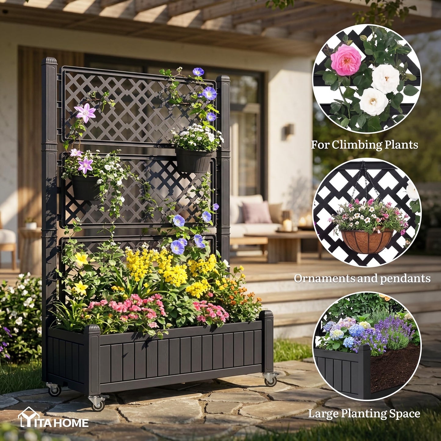 YITAHOME 42.5x14.2x61 in Planter Box with Trellis, All-Weather Raised Garden Bed with Wheels & Drain Plug, Outdoor Privacy Screen for Climbing Plants Flowers Herbs, Black