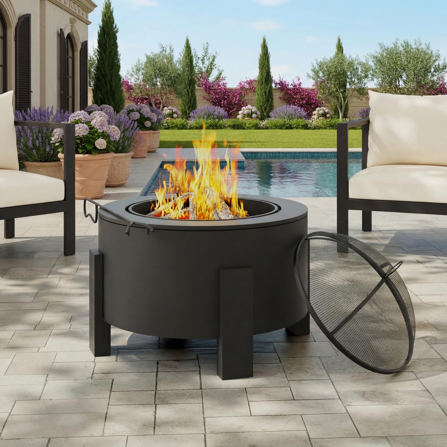Christopher Knight Home Flicker Wood Burning Steel Fire Pit with Spark Screen, 25" Round Portable Steel Patio Heater for Camping, Patio, Backyard, Rust-Resistant Powder-Coated Finish, Black