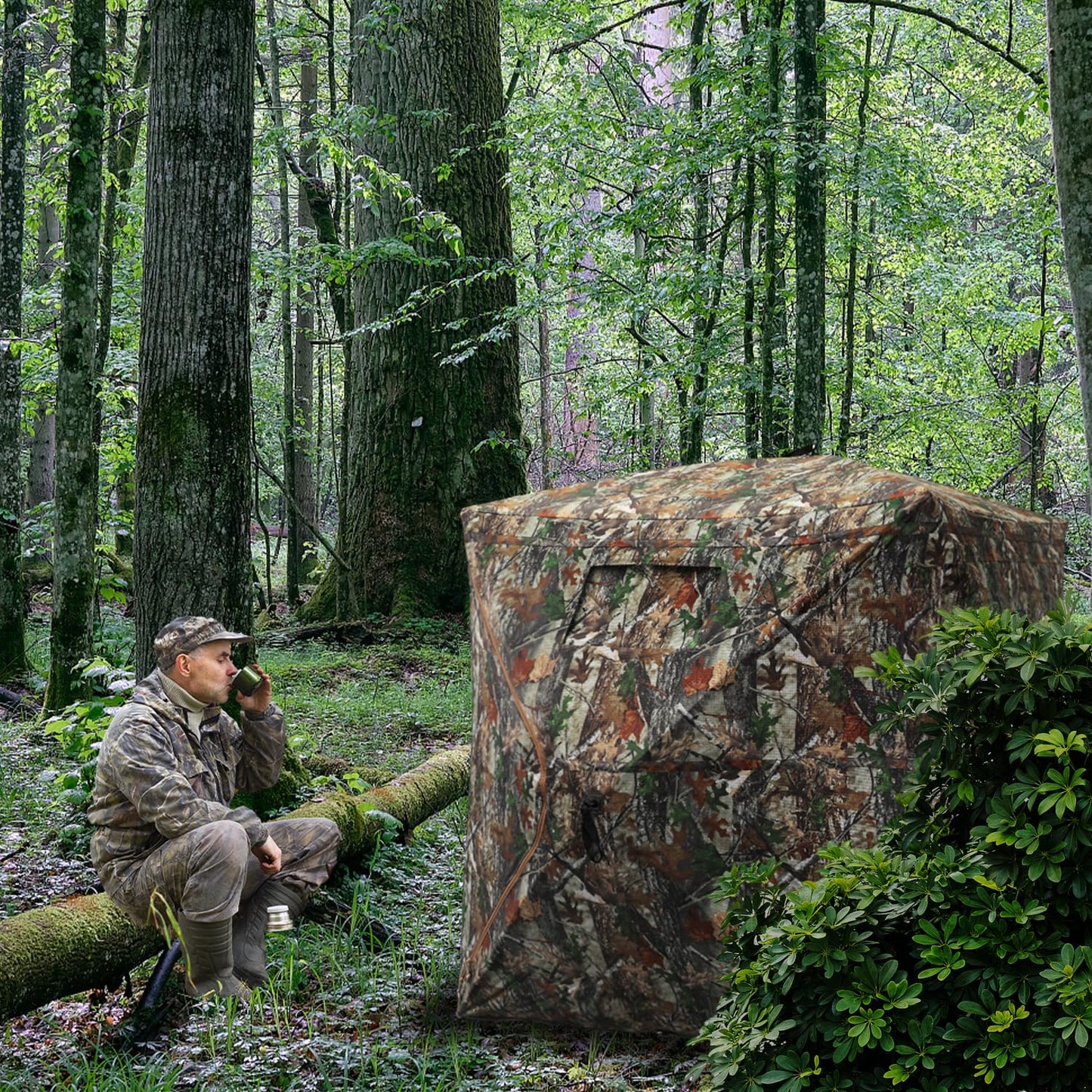FUNHORUN Hunting Blind with Floor Mat, 360 Degree See Through Ground Blind with Carrying Bag, 2/3 Person Pop Up Camouflage Tent Portable Concealed Shelter
