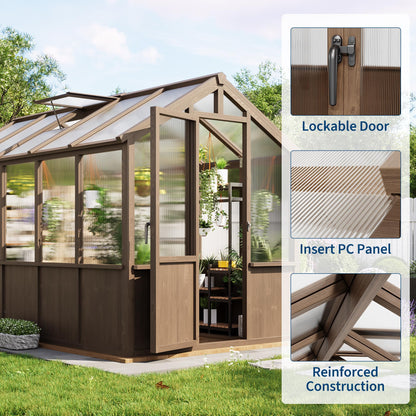Garvee 6x10 FT Wooden Greenhouse - Walk-in Greenhouses for Outdoors, Large Spruce Frame Green House with PC Panels, Adjustable Roof Vents & Lockable Door, Green Houses for Garden,Backyard,Patio,Lawn