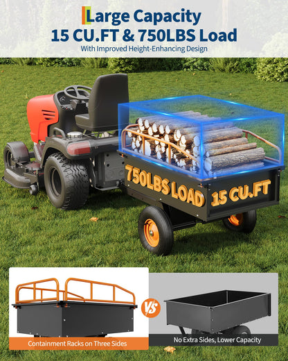 GarveeLife Heavy Duty ATV Trailer Steel Dump Cart, 750 LBS 15 Cubic Feet, Garden Utility with Removable Sides for Riding Lawn Mower Tractor
