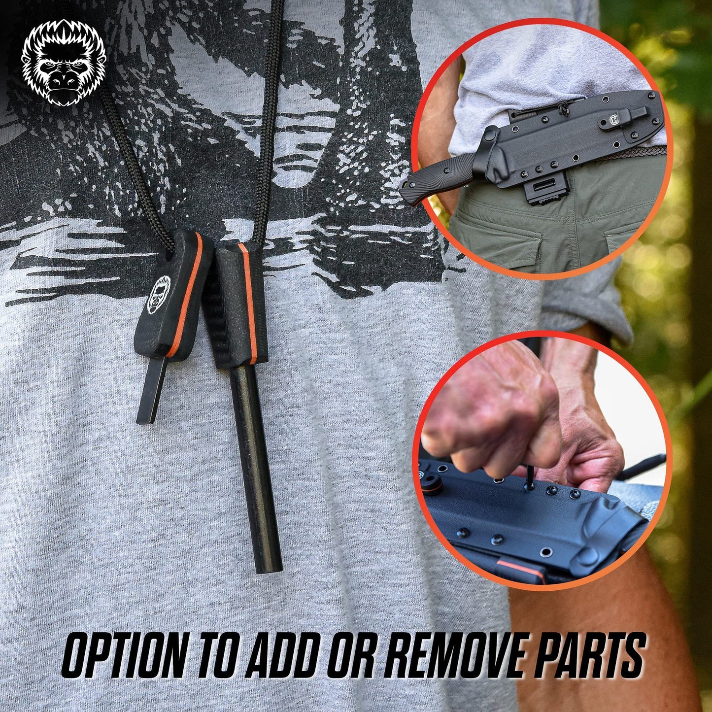 Holtzman's Gorilla Survival Lavaline Fixed Blade Hunting Knife with Sheath, Fire Starter, G10 Scraper & Paracord (Black+Orange) - Durable 1095 High Carbon Steel