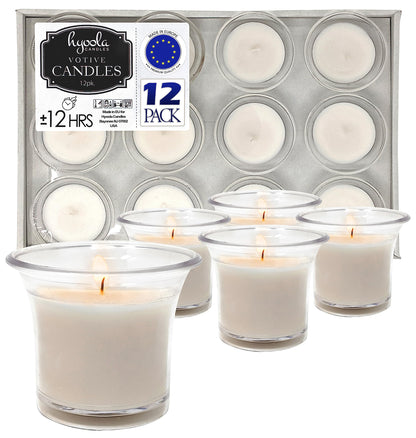 Hyoola Votive Candles - White Votives in Clear Cup - 12 Hour Burn Time Unscented Votive Candles Bulk - Pack of 12 Small Candles in Bulk - Made in Europe