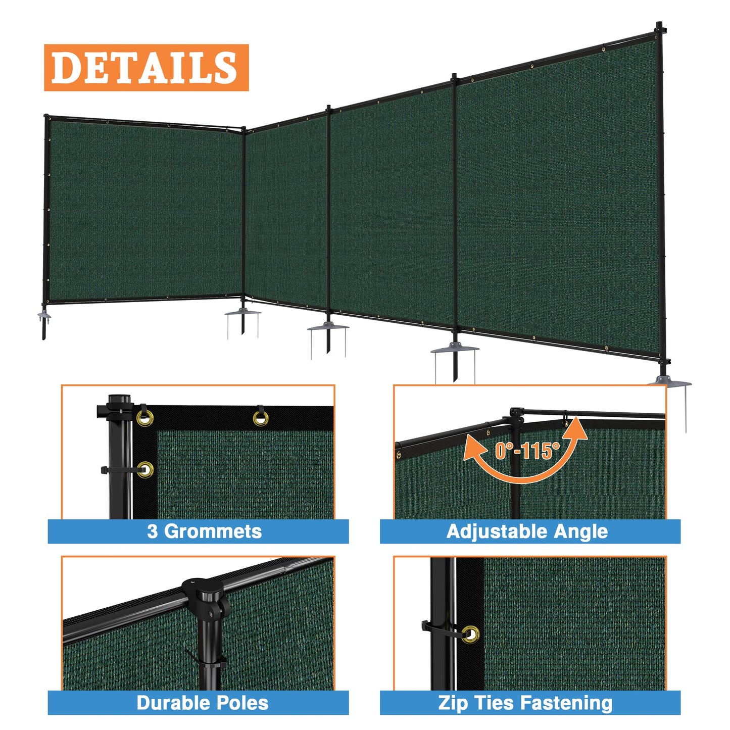 AwnPro 6' x 24' Outdoor Privacy Fence with Iron Poles Ground Spikes Dog Metal Garden Privacy Fence Backyard Patio Yard Barrier Boarder Divider (Green)