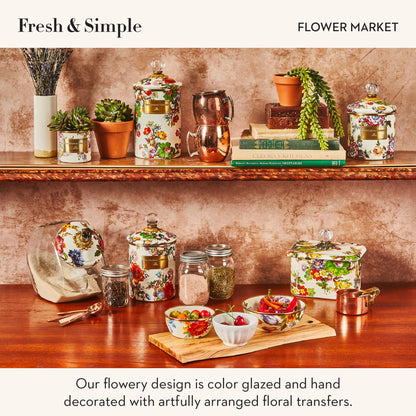 MACKENZIE-CHILDS Enamel Canister Set, Mini (14 oz.), Demi (24 oz.), and Small (38 oz.) Kitchen Containers, White Flower Market