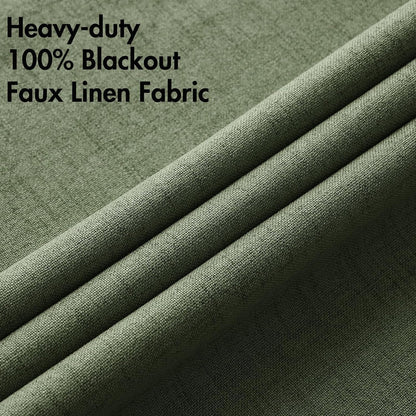 MIULEE 100% Blackout Linen Textured Curtains - Olive Green Thermal Insulated Drapes | 52 x 108 Inch (2 Panels)