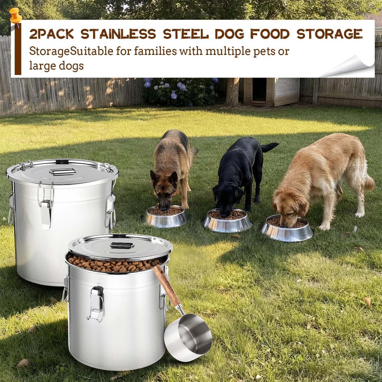 Lounsweer 2 Pack 8.9 Gal Stainless Steel Dog Food Storage Container with Lid and Locking Clamp 33 L Metal Airtight Container Large Stainless Steel Bucket with Food Scoop for Pet Feed