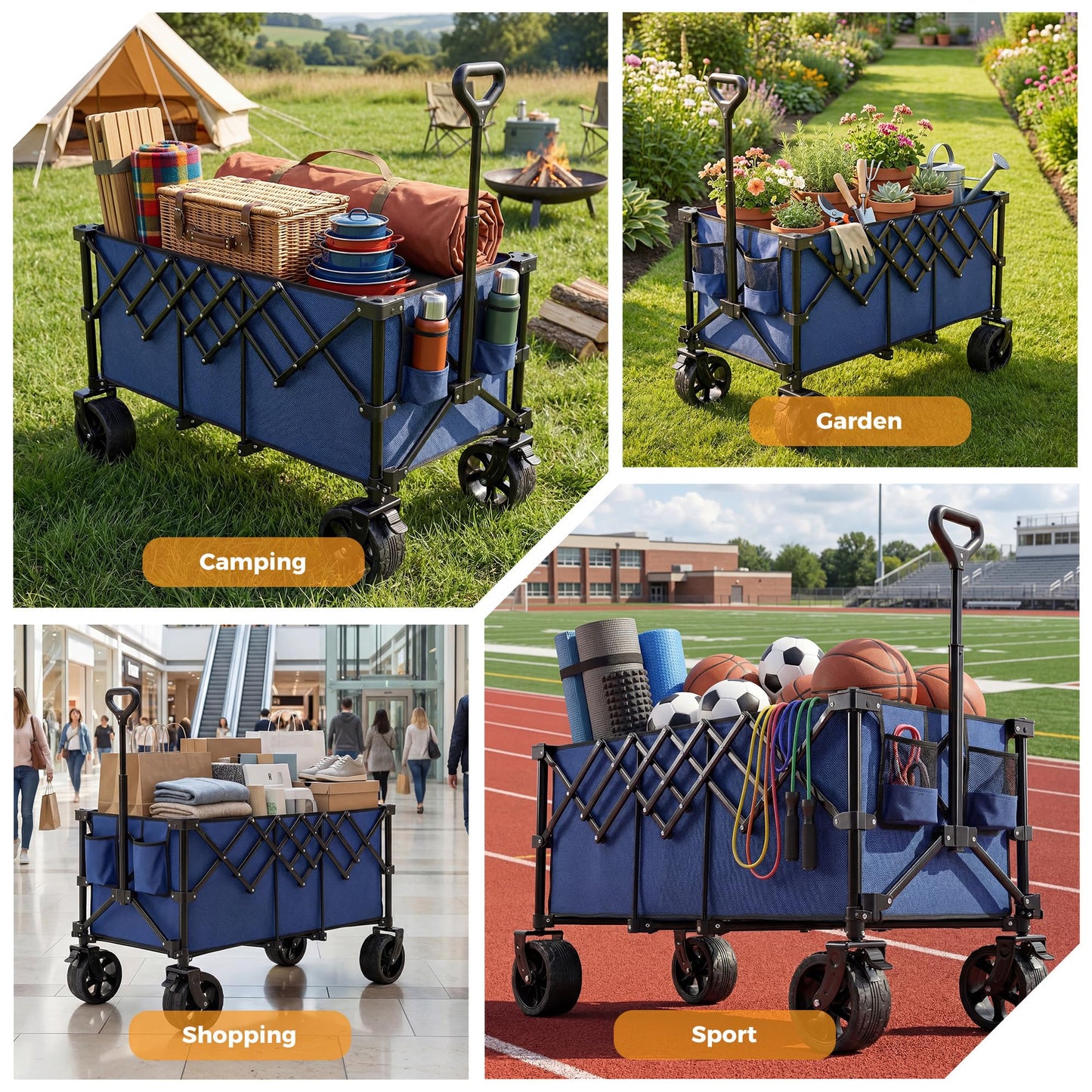 DUMOS 49''L Collapsible Extended Wagon with 440LBS Capacity, Heavy Duty Wagons Garden Cart with All-Terrain Big Wheels & Drink Holders, 250L Foldable Carts for Sports, Shopping, Camping, Blue