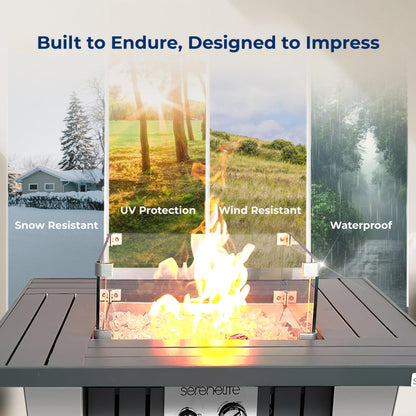 SereneLife Outdoor Propane Fire Pit Table, 50,000 BTU Square Fire Table with Stainless Steel Lid, Durable Legs, Adjustable Flame, Weather Cover, Perfect for Patio & Garden, 31.5” x 31.5” x 24.8”