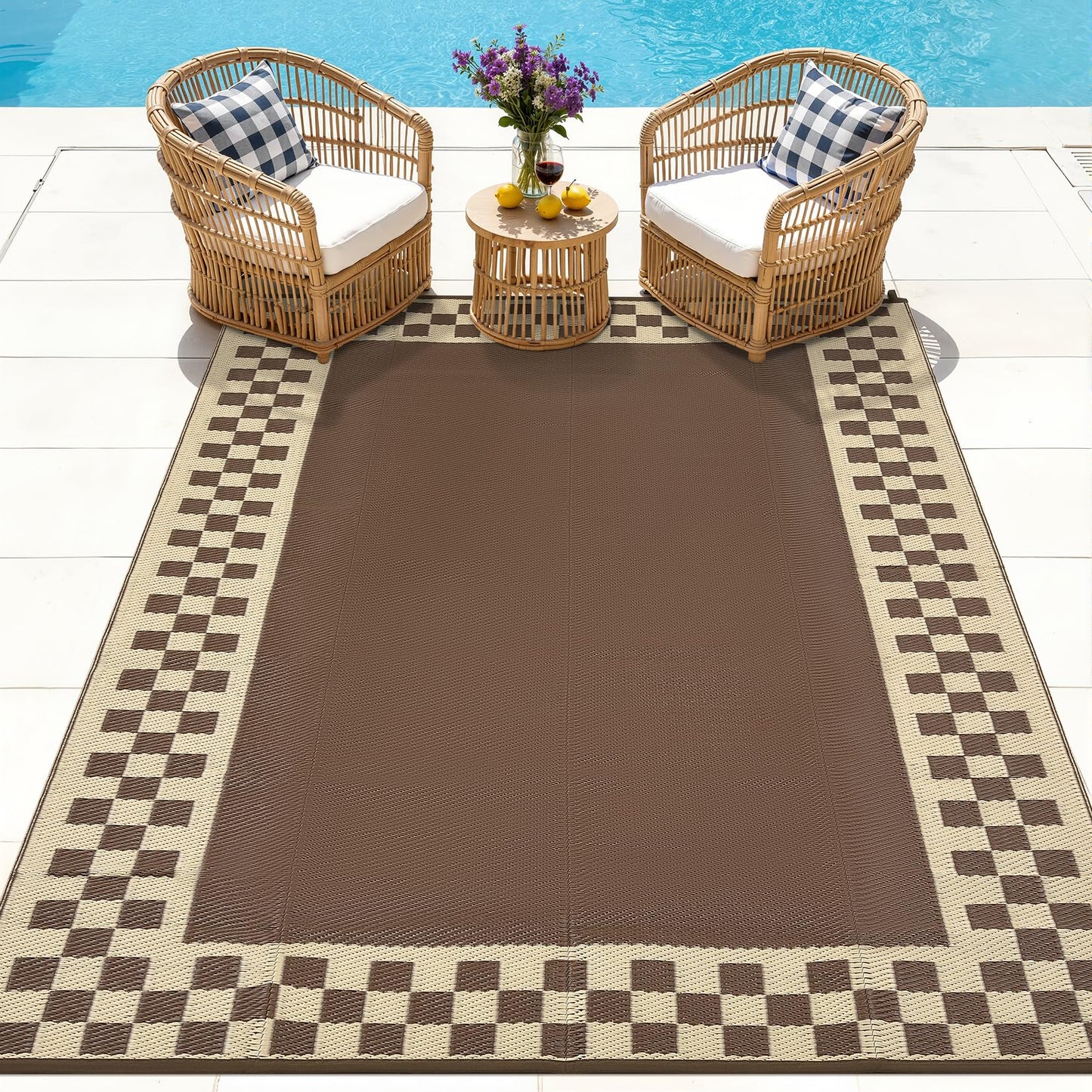 GAOMON Patio Modern Checkered Outdoor Rug 10x14 Waterproof Large Reversible Camping Mat Foldable Lightweight Plastic Straw Outdoor Rug for Deck, Picnic, Porch, Camper, Balcony, Beach, Rv, Brown