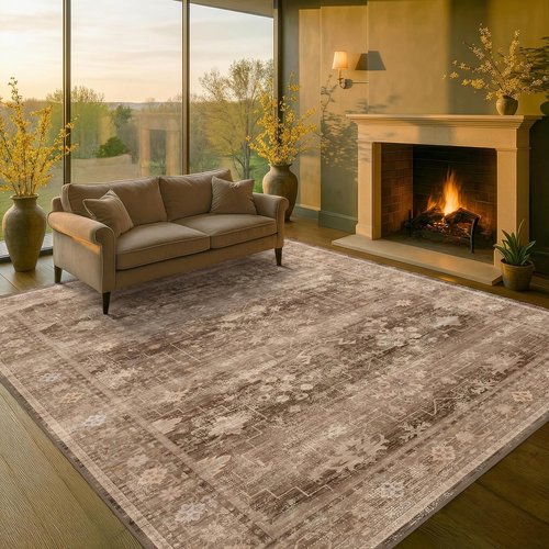 Hazo Haus Boho Brown Living Room Rug - Modern Vintage 6x8 Washable Non-Slip Area Rug for Dining & Lounge