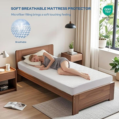 BEDLORE Waterproof Mattress Protector - Soft Breathable Twin Size Pad for 6"-15" Depth | White