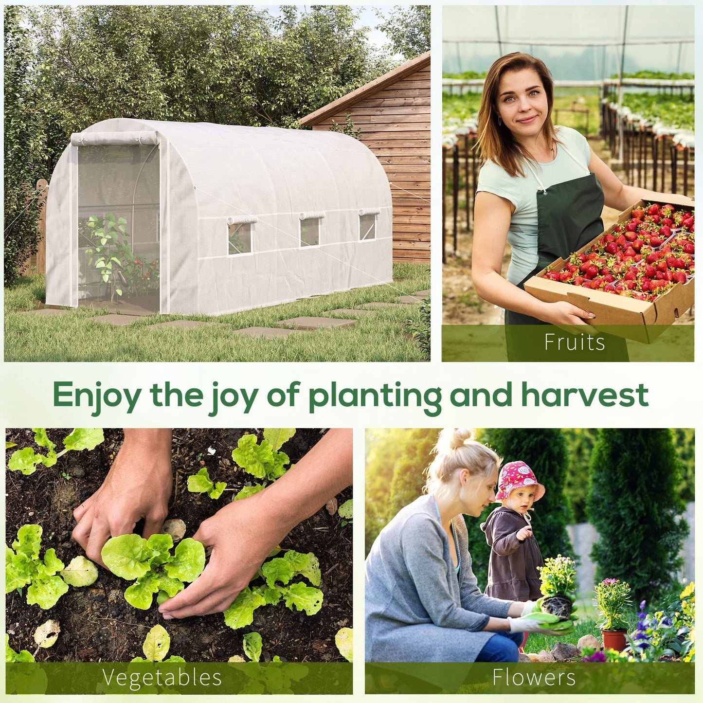 Outsunny 14.6' x 6.6' x 6.6' Walk-in Tunnel Greenhouse, Large Garden Hot House Kit with 6 Roll-up Windows & Roll Up Door, Steel Frame, White
