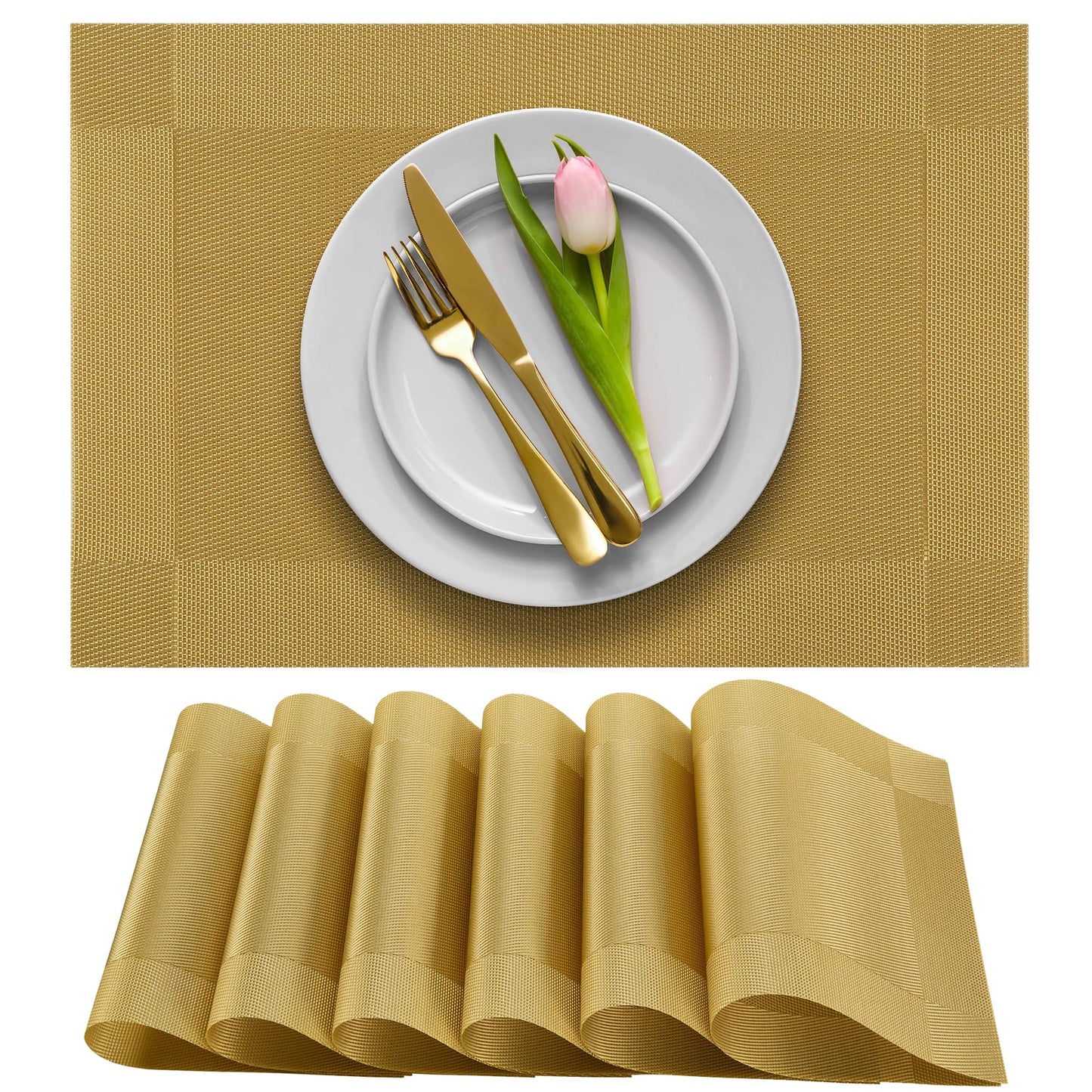 More Décor Dining Table Placemats, Washable Heat-Resistant PVC Vinyl Table Mats for Dining Room and Kitchen, Anti-Slip - Set of 4 -Gold