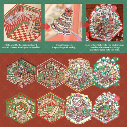 SZXYCZL Cute Miniature Scene 8Sets DIY 3D Stickers Scene Christmas House, Make You Own Mini House Sticker Therapy for Teen Adult Relief Pass The Time-Merry Christmas