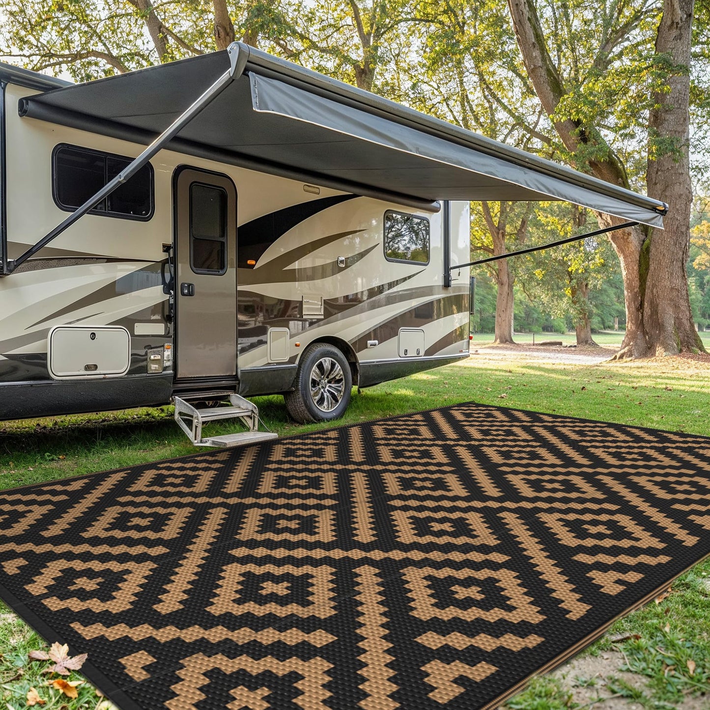 sarben Outdoor Rug for Patio - Waterproof Plastic Straw Camping Rugs 8x16 ft, Reversible Outdoor Indoor RV Mat Carpet for Patio, Porch, Deck, Balcony, Picnic, Beach, Black Brown