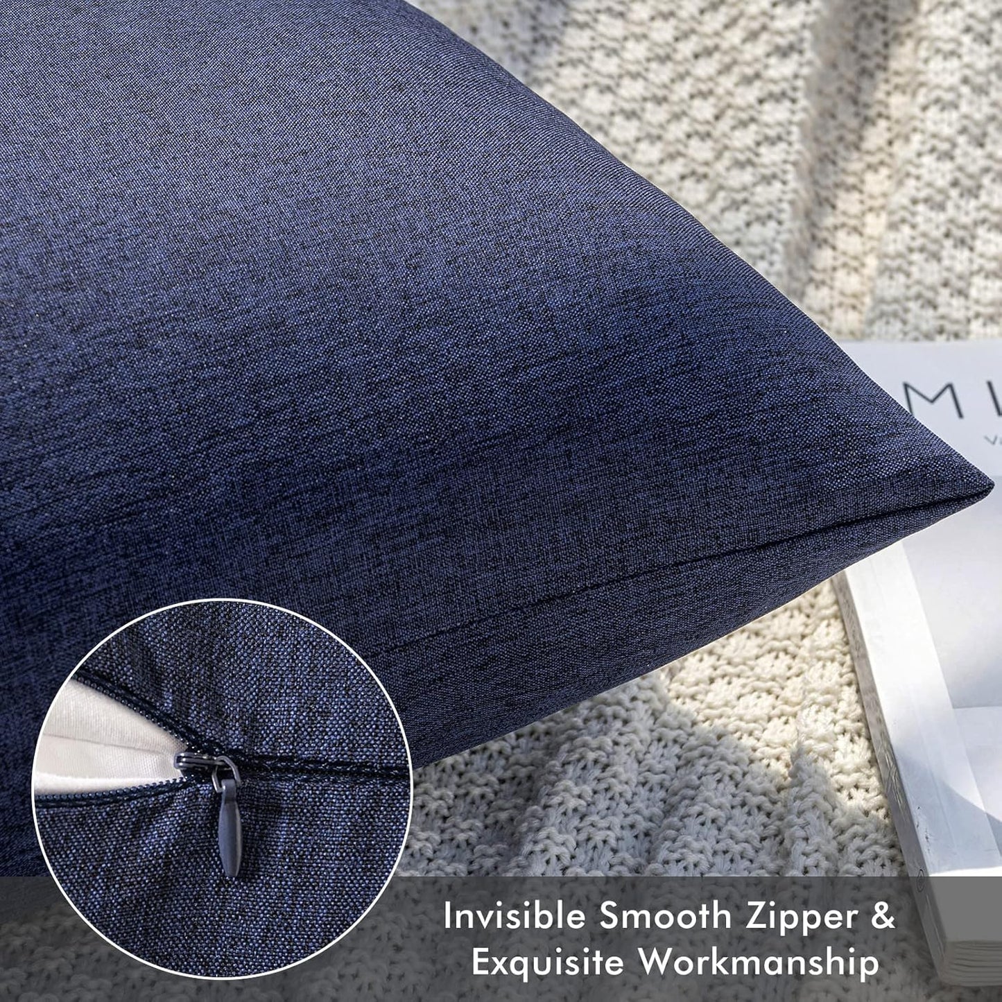 MIULEE Decorative Outdoor Throw Pillow Covers - Waterproof Faux Linen Cushion Cases | 20x20 Inch Navy, Set of 2