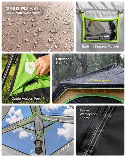 4 Person Instant Tent, Camping Tent Setup in 60 Seconds, Waterproof Pop Up Tents for Camping with Top Rainfly, Instant Cabin Tents with Portable Carry Bag for Family Camp & Hiking, Black + Brown