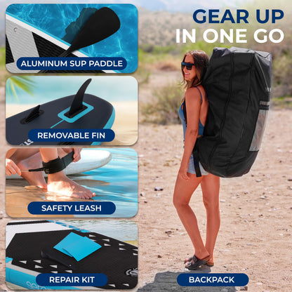 SereneLife 10’6” Inflatable Stand-Up Paddle Board with LED Lights - 32” Wide Stable Design with Non-Slip EVA Deck Pad, Includes Premium SUP Accessories, for Youth and Adults, 275 lbs. Capacity