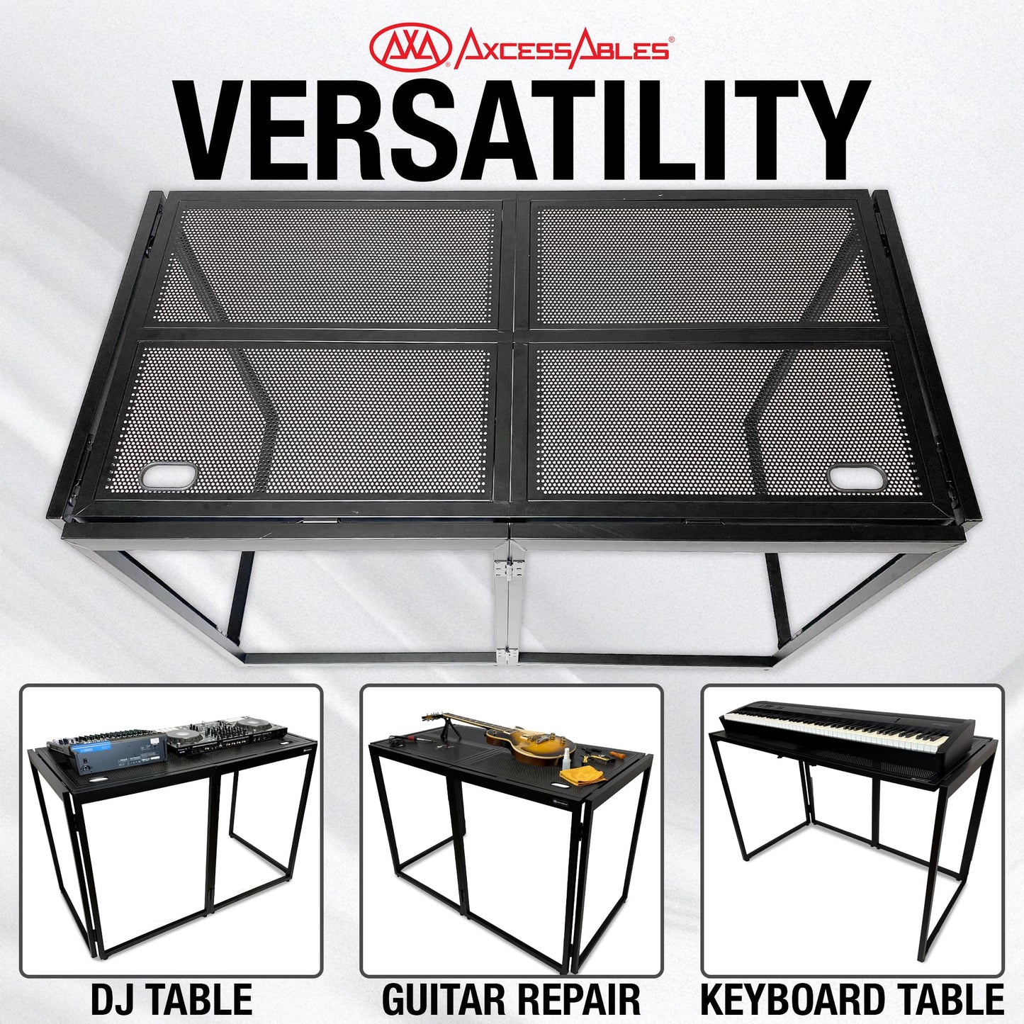 AxcessAbles Portable DJ Table XL – 54” x 27” Music Workstation | 35” Standing Height, 400lb Capacity | Collapsible FOH Sound Desk for DJs, Mixing Consoles, Guitar Techs| Recording Desk | DJ Booth