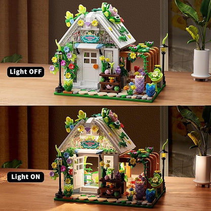 Flower House Building Set with Lights Garden House Building Toy Kits Compatible with Trend Creative Greenhouse Playset Christmas Birthday Gift for Adults or Girls 8-12 Years (719PCS)