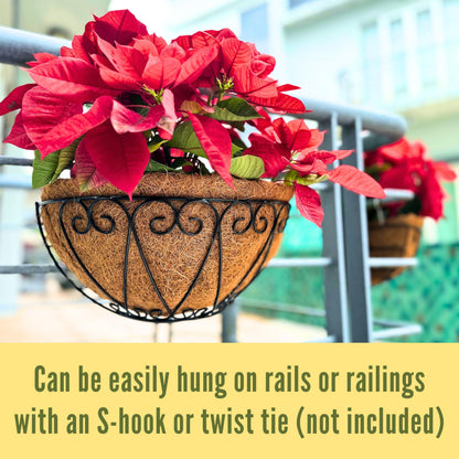 LaLaGreen Outdoor Wall Planters (2 Pack, 12 Inch) Black Metal Wall Mounted Hanging Basket with Coco Liner, Flower Pot Plant Holder Semi-Circle Planter for Fence Railing Deck Porch Balcony Garden Decor