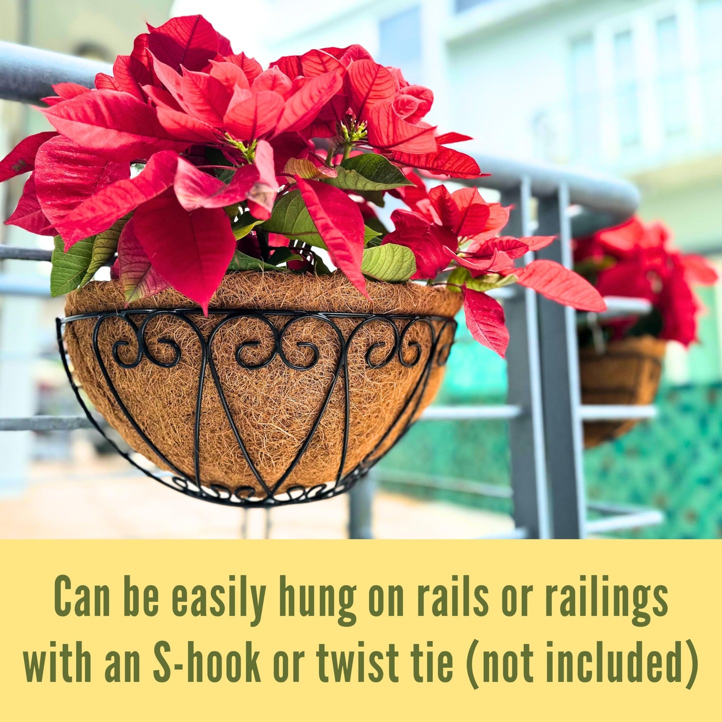LaLaGreen Outdoor Wall Planters (2 Pack, 16 Inch) Black Metal Wall Mounted Hanging Basket with Coco Liner, Large Flower Pot Plant Holder Planter for Fence Railing Deck Porch Balcony Modern Home Decor