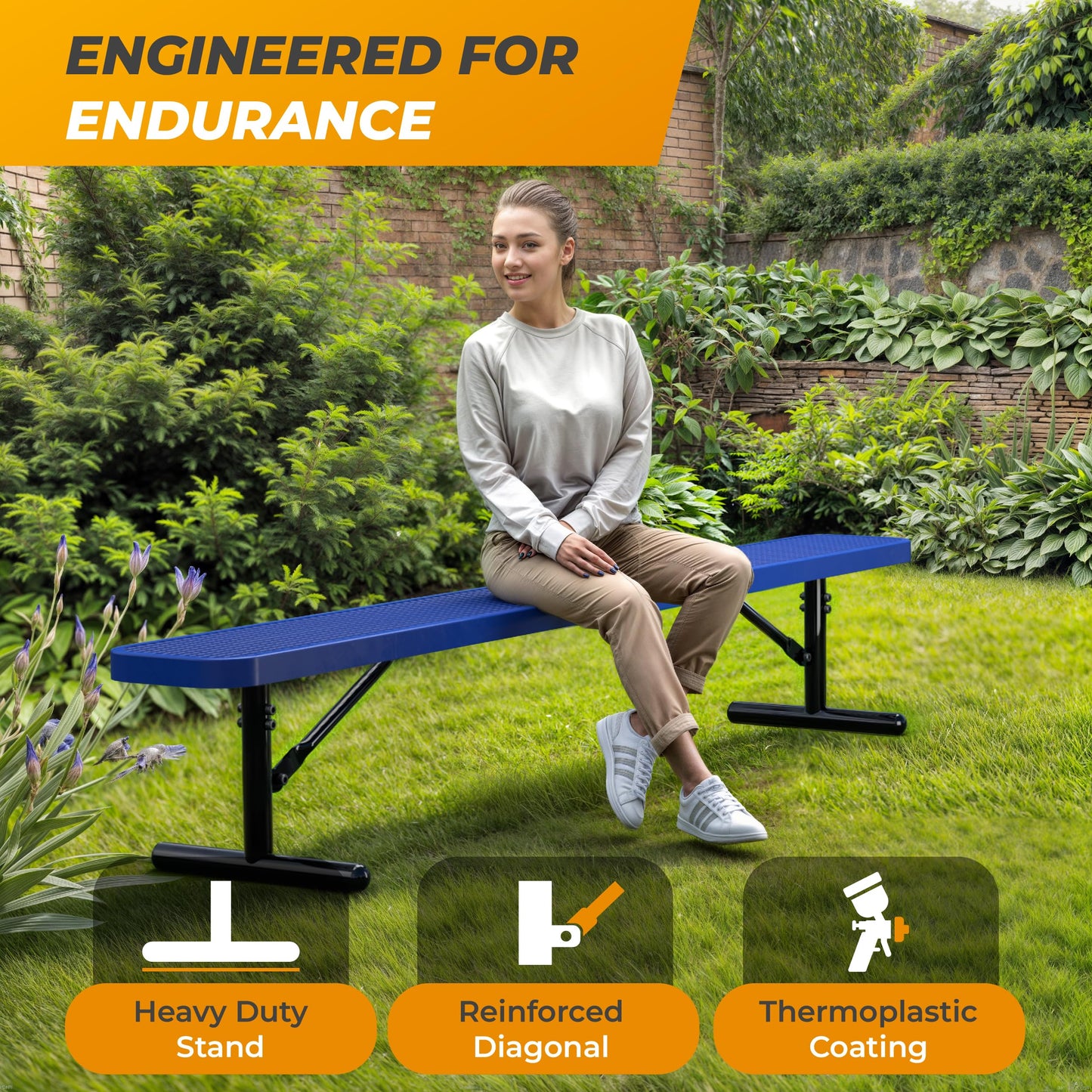 OUTTANS Heavy-Duty Outdoor Metal Bench, Thermoplastic-Coated, Portable, Weatherproof, Commercial-Grade for Parks, Gardens, Patios, Stores & More (8 Ft - Portable, Blue)